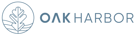 Oak Harbor Logo. Teal circle with oak leaf and water line art depicted inside.
